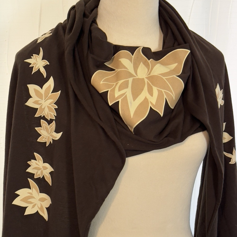 Ebb & Flow Brown Floral Long Scarf 16"x92" Lotus Flowers Beige Jersey Knit New